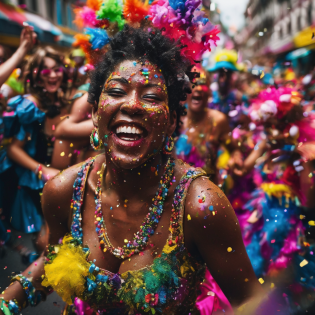 Amid the vibrant chaos of a carnival parade, a riot of colors fills the air. Confetti rains down, each piece a miniature explosion of hues, while revelers in eccentric costumes dance with unrestrained joy. The atmosphere is electric, pulsating with the rhythm of drums and laughter. Captured by Alex Webb, using a Nikon D850 with a 24-70mm lens, the lighting is an interplay of natural sunlight and the warm