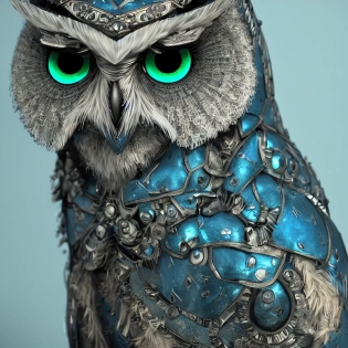Anthropomorphic blue owl, big green eyes, lots of details, portrait, finely detailed armor, cinematic lighting, intricate filigree metal design, 8k, unreal engine, octane render, realistic, redshift render
