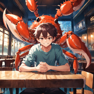 There was a boy sitting down?Young and handsome Wanya face, In the restaurant?Freshwater crab cuisine?Freshwater crabs?Hairy crabs?A smile?bigeyes?0s style anime retro