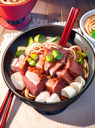 bowl of noodles with meat and vegetables in a bowl with chopsticks, realistic photo of delicious pho, inspired by Tan Ting-pho, delicacy, ramen, beef, high quality food photography, Juhe, shot with sony alpha 1 camera, professional food photography, noodles, eating noodles, High quality photos, Chinese, south east asian with long, aokamei, portrait shooting --auto