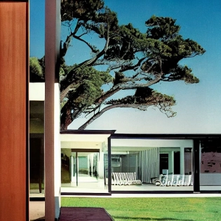 hyper realistic eye level exterior photo of a mid century modern style house overlooking the ocean, daylight, indirect lighting, AD magazine, Frank Lloyd, Eames, Mies van der Rohe