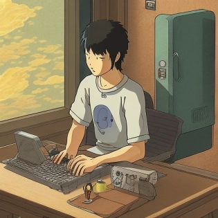 Photo of a programmer who are zen and calm art by studio ghibli