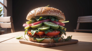 (suculento), (vegano), (texturas lindas), (cores vivas), (feeling of health), (cinematographic scene), (CG), (octane render), (ray tracing), (8k), (Graphic), Feel the freshness and juiciness in every pixel of this cinematic scene of a vegan vegetable sandwich. The sandwich rests on a wooden table, suas texturas lindas e cores vivas parecem saltar da tela. The lighting, Thanks to ray tracing and Octane Render, acentua cada detalhe, making the sandwich the epitome of the healthy and juicy. Cada folha de alface, Every slice of tomato and every piece of avocado are represented in glorious 8K resolution, Creating a graphic that overflows with health and appetite.
