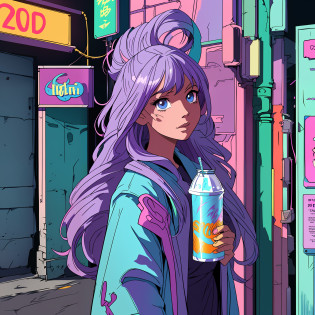 anime girl with purple hair and blue eyes holding a drink, anime girl drinks energy drink, 8 0 s anime vibe, 8 0 s anime art style, 8 0 s anime style, in the art style of 8 0 s anime, 9 0 s anime art style, retro anime girl, 90s anime style, 9 0 s anime style