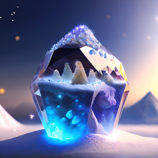 realistic photo of a large shiny crystal stone, inside the crystal stone there is a mini galaxy, and this crystal stone is with a piece buried over an anthill, around the anthill there are cherry blossoms, scenery is snow mountains in Japan with lights and magical particles in the air, photorealistic, 3D, 4k, HDR,  ray tracing.
