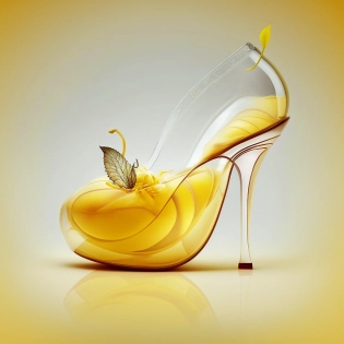 an elegant female shoe inside a transparent yellow apple --chaos 100 --v 4 --q 2 --s 750