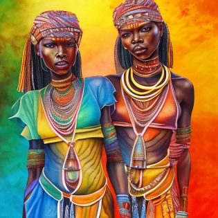 watercolor Tribal art African women Painting, Sunset Scenery Acrylic Painting, Tribal painting , 3d rendering , watercolor drawing in full artboard, ultra high details, intricate, realistic drawing, professionally color graded, glitter, ink splashes background, trending on artstation