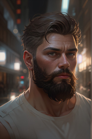 Portrait of a bearded man with hazel eyes, hazel eyes, Handsome, Muscular, Intricate, elegant, Glowing lights, Muscular, Highly detailed, Digital painting, art  stations, concept-art, smooth, Sharp focus, illustration, art by wlop, mars ravelo and greg rutkowski