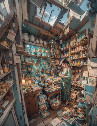 (Reflect: in great detail) A general store that looks like a small shack. Colorful miscellaneous goods are lined up in a cramped space. You can look at stationery, tableware, decorative accessories, and many other miscellaneous goods for as long as you like. Female shoppers are enjoying looking at the goods.(It is so realistic that the viewer mistakes it for a photograph with a very detailed description),(Situations that cannot happen in real life)?ultra-detailliert?Aesthetic??masterpiece?top-quality?Photorealsitic?Looks fantastic?Dramatic shadows?Clear and clear scenery from a distance