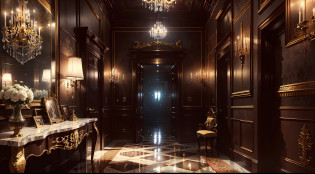 Vintage home d�cor style?Straight corridor?At the end is an open brown gate?The door was dimly lit by lights?Vintage wallpapers?Decorative paintings hang on the walls?Allafed Corridor?Floors with intricate marble?Equipped with vintage chandeliers?The vintage American d�cor is gorgeous?baroque?Rococo?neoclassicism style?ornate and elegant?Neoclassical style?ornate and detailed?ornate retreat?tmasterpiece?best qualtiy??Very detailed wallpaper of G6unty 8K??HighestQuali???Most Best Illustration??(Best shadow)??cinmatic lighting?3?detailed anime style illustration?luxury goods?Amazing Gatsby style