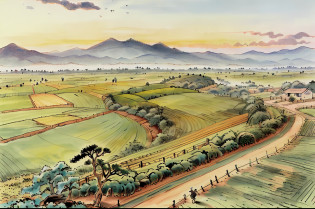 (in the early morning,zona rural,Green,breeze,Small rivers,Birds,surrounded by cloud)??bikes?Walk along the fields?In the distance are the houses of the village?Clear sky?With a vitality that greets the sunrise?