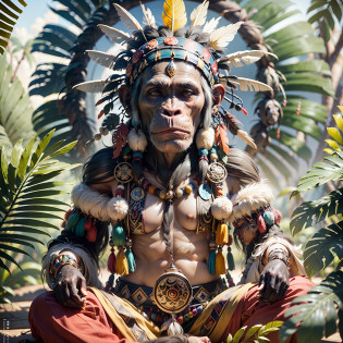 Chimpanzee ((Indian Shaman)),,((meditative state),,Shaman, elegant chimpanzee, hair with details, with Indian headdress on head, ((meditating)) many colorful feathers, colorful feathers, facing the camera, detail: dense tropical foliage, highly detailed intricate, ((masterpiece)), ultra hyperrealistic, masterpiece