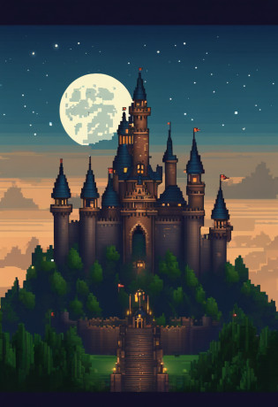 Pixel art of a castle with towers being built, in the background a full moon on a clear night that fills the entire scene with a bluish tone, beautiful detailed pixel art, detailed pixel art, lo-fi retro video game, pixel art concept, detailed pixel art, pixel art style, pixel city, pixel art animation, high-quality pixel art, #pixelart:3, #pixelart, #pixelart