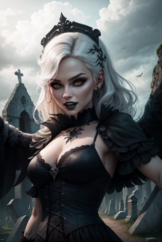 (edgy and gothic aesthetic), (Beautiful Face:1. 3), (high-quality, 4K resolution, HDR), (clean and crisp), (digital painting), (creative and imaginative), (by Sasha Unisex, Kelly Violet, Robert Hernandez), (with a confident expression:1. 3), (against a dark and ominous background, a cemetery or ruined castle), (mysterious and alluring:1. 1), (a powerful and imposing presence:1. 1), (the wingspan fully spread out), 16k, UHD, HDR10, 16K, ((Masterpiece)) , AbsurdresModel: ReV Animated