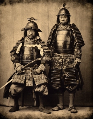 two samurai in armor stand in a black and white picture, in the style of uniformly staged images, in the style of vintage sepia-toned photography, 32k uhd, dark indigo and silver, neo-mosaic, wet plate negatives, edgy political commentary, intricate detail --ar 179:230 --quality 2 --s 750 --v 5. 1