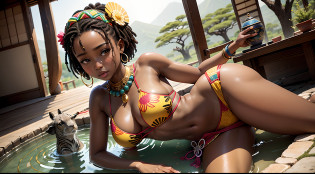 Imagine a captivating painting, sculpture, or digital artwork that celebrates the unique beauty and cultural fusion of a young girl of East Asian (Japanese) and Central African (South Sudanese) descent. 

Visual Elements:
1. Portrait: Create a central focus on the girl's face, emphasizing her striking features that reflect her East Asian and Central African heritage. Illustrate her almond-shaped eyes, dark skin, nubian nose, african lip, delicate facial structure, and a warm, radiant smile, evoking a sense of grace and inner strength.

2. Cultural Attire: Dress the girl in a combination of traditional Japanese and South Sudanese garments. Combine the elegance of a Japanese kimono with vibrant and colorful fabrics found in South Sudanese cultural attire, such as a beautifully patterned headwrap or a vibrant tribal-inspired necklace. These elements should symbolize the girl's roots and honor both her ancestral lineages.

3. Symbolic Imagery: Incorporate symbolic elements that represent the merging of Japanese and South Sudanese cultures. For example, in the background, include cherry blossom trees, symbolizing Japan's beauty and transience, gently blending with African baobab trees, representing longevity and strength. Additionally, consider incorporating other symbolic elements like koi fish swimming alongside African wildlife, signifying the coexistence of two vibrant ecosystems.

4. Background: Set the artwork against a backdrop that blends elements from both East Asian and Central African landscapes. Merge elements like serene Japanese gardens, with their meticulous arrangements of stones and water features, alongside vast African savannahs with silhouettes of animals like elephants or giraffes. This integration showcases the harmony between different natural environments, mirroring the girl's harmonious heritage