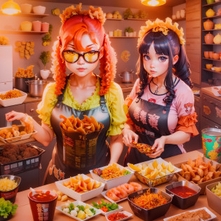 Detailed and high-quality CG illustrations modeled after girls in self service food style ((((anime))), (Activation style: Kitchen, Font style: Handwriting, View of the food road) Thai cuisine: Fried noodles, lemon, shrimp, eggs, lettuce, peanuts, chives, coconut milk, red peppers, peppers, crunchy texture of cereals, fresh chewy texture.