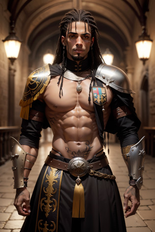 guerreiro medieval com escudo e espada medieval, armadura grandiosa guerreiro, pele escura, semblante travis scott, dread, corpo musculoso, 2 metros de altura, corpo inteiro, paladino medieval, pele escura, semblante travis scott, dread, corpo musculoso, 2 metros de altura, corpo inteiro, estiloso, homem, dentro da igreja, roupa estilosa, medieval, Cross cord on chest, olhos amarelhos