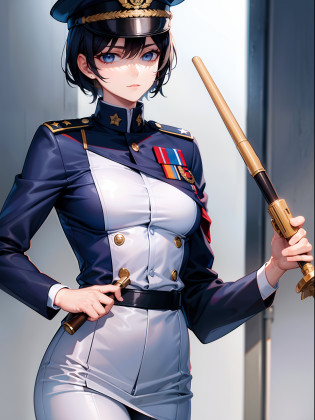 1 lady, prison guard, holding baton, military uniform, military hat