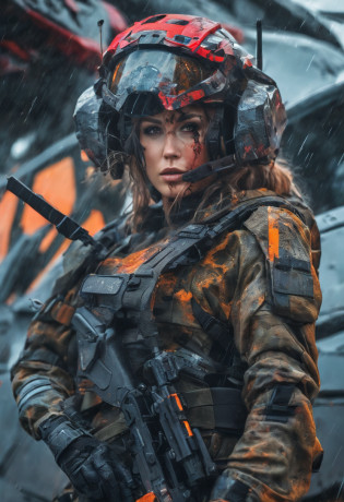Postapocalyptic combat scene with a Beautiful hyperrealistic photograph of cute Young Swedish woman with Runic tattoos, ((dirty face Blood splattered)), (((wearing full heavy mecha armor, combat harness, Neon highlights))) Short Red Dreadlocks, combat pose, (((Holding on to the side of a combat Sci-Fi Combat helicopter))), exterior of Destroyed building, Fires, Smoke, debris, Camo netting, Ammo Boxes, Rain, Stormy, Wet, abstract beauty, near perfection, pure form, intricate detail, 8k post-production, High resolution, super Detail, trending on ArtStation, sharp focus, studio photos, intricate detail, Very detailed, By Greg Rutkowski