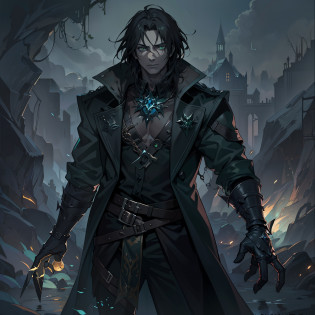 A beautiful human and handsome man A villain for RPG A poisonous and venomous villain He is in a swamp with many magical gases and black magic A dark forest This man is handsome and has eyes like a reptile's He is from a cold-blooded tribe A dark and gloomy place illustrating the image and a dark and cold look this man is handsome, but an image that represents his poisonous essence with a few traces of green in his costume on this character to illustrate An art for RPG A character for RPG A villain RPG RPG Medieval RPG Art RPG fantasy RPG an illustration for RPG A digital art with cinematic lights and green smoke