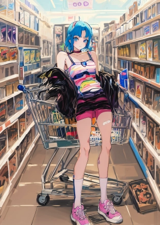 painting of a woman in a shopping cart in a grocery store, inspired by Harumi Hironaka, by Harumi Hironaka, 8 0 s anime vibe, lofi girl, 9 0 s anime aesthetic, 9 0 s anime art style, by Narashige Koide, 9 0 s anime style, 90s anime style