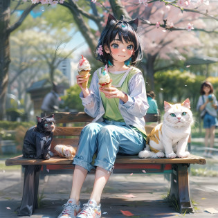 The subject is a young woman with cat ears drawn in 8K high resolution?Her black hair is a short cut?The brightly colored inner color is effective as an interpolation color.?Her characteristic cat ears reflect emotions?The subtle movements of the ears express joy and curiosity?

Her outfit is perfect for spending time in the park during the day?Cool white short-sleeved blouse and?Denim shorts for comfortable movement?And wearing sneakers suitable for running around?She sits on a park bench?I have a cold ice cream in my hand?

Park background brightly lit by spring sunshine?There is a playground where children play nearby.?People taking a walk??You can see the Tokyo skyline in the distance?Trees in the park?is wrapped in fresh greenery?Cherry blossom petals flutter around her?

The overall tone is bright daytime colors.?Green or cherry blossom petals in the park?The color of her outfit?And the silhouette of the city is vividly depicted?8K resolution?The texture of her cat ears?Texture of clothing?Even the coldness of the ice cream is expressed in detail.?

Her posture is relaxed.?Her expression as she enjoys the ice cream in her hand.?Ear movements further emphasize their comfort?Their expressions indicate that they are enjoying a pleasant afternoon.?It depicts a peaceful time spent in the park?