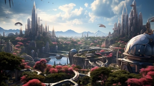 Award-winning depiction of a solarpunk cityscape in the style of Digital Painting: A futuristic cityscape with shades of pink and red dominates the image. The angular structures of the buildings are visible, and the solar-powered trains run through the city. Hanging gardens are present, and wind turbines are the primary source of energy. The environment is vibrant, and the adjectives used to describe it are innovative, sustainable, and beautiful. Award-winning depiction of a solarpunk cityscape in the style of Impressionism: A futuristic cityscape with shades of pink and red dominates the image. The angular structures of the buildings are visible, and the solar-powered trains run through the city. Hanging gardens are present, and wind turbines are the primary source of energy. The environment is vibrant, and the adjectives used to describe it are innovative, sustainable, and beautiful