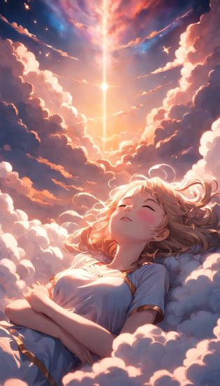 ?masterpiece, Highest Quality, MovieSteel, 1woman, Cloud Girl, Floating in the sky, close-up, brightness, happiness, Warm and soft lighting, sunset, Sleeping, Sleep on your stomach, sleep, eyes closed. (sparks:0.7)