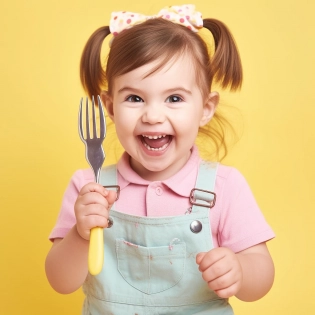 portrait photography of a cute 3 years old British baby girl wearing a pastel outfit, holding a fork on a yellow background, amused facial expression, professional studio photograph --v 5