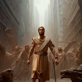 (Young ((modern day) biblical David in street clothes)) with a sling and stone and (facing) an angry (biopunk Goliath) in a city, stunning and epic depiction of the power of faith, intricately detailed, cinematic lighting, atmospheric, masterpiece, meticulous detail, smooth Sharp focus, 8k