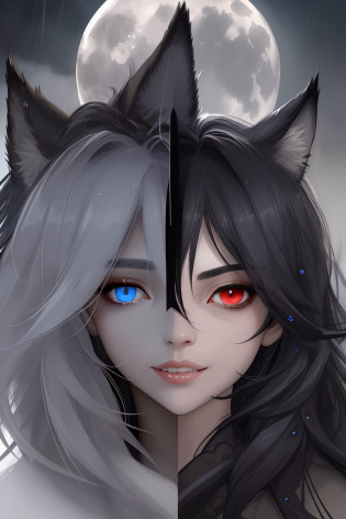 wolves??Tiere?The right half of the face is clearly contoured.?Right half of face black?Right eye red?Face left half realistic?Left half of the face is white?Blue left eye?Facing Front?Left background night?Left Full Moon??Right facing?Right sunny rain?Right half mouth laugh?Left half bruxism?