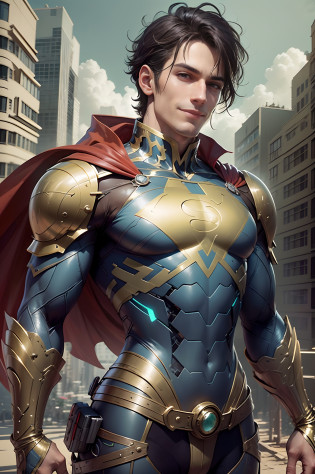 Develop the image of a hero in the same outfit as Superman. The hero must have a noble and powerful appearance, with pronounced character traits, ((((The hero smiles)))) . Um traje verde e dourado deve ser moderno e futurista, with technological elements and details, that make it unique. The hero must be in a heroic pose, Como se estivesse pronto para enfrentar qualquer desafio, Who will meet on your way. The background scene can be an urban landscape or an imaginary landscape, corresponding to the character's heroic aura. Sinta-se livre para adicionar detalhes criativos e interessantes, to make the hero even more exciting