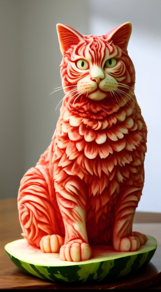 there is a watermelon sculpture of a cat sitting on a table, sculpted out of candy, cat detailed, incredible detail, butter sculpture, incredible sharp detail, very realistic, soap carving, carved soap, look at that detail!, by Kan? Tan'y?, very very very ultradetailed, carving, extremely intricate, cat masterpiece, very very realistic