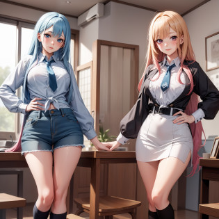 Grundlegendes Aussehen: Marin is a pretty, energetic schoolgirl with long, welligen, hellblauen Haaren und leuchtend blauen Augen 1 11 . Personality: Marin ist lebenslustig, begeistert, unordentlich und manchmal tollpatschig. She is a big otaku and especially loves Magical Girl anime 3 . Kleidung: Marin usually wears her school uniform, the one made of a white blouse, einem kurzen, dunkelblauen Rock, einer lockeren Krawatte und kniehohen Socken besteht 14 . She often leaves the top buttons of her blouse open and wears her tie loosely, um bequem zu sein 1 . Outside of school, She wears simple and comfortable clothes such as T-shirts, Jeans oder karierte Hemden und Shorts 1 . Cosplay: Da Marin eine begeisterte Cosplayerin ist, she changes her outfits frequently, um verschiedene Charaktere darzustellen 1 . You can include different cosplay costumes in your image composition, to reflect their passion for the hobby. Hintergrund: Since you want to create an anime background, you can use elements from the world of 