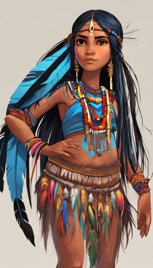 anime 12 year old indigenous Brazilian girl from the indigenous peoples of the amazon, traditional indigenous clothing, anime art style like an acrylic painting, long straight black hair, with blue eyes, traditional blue body paint from the indigenous peoples, fearless face, wearing rosary with cross around her neck along with colorful bird feathers