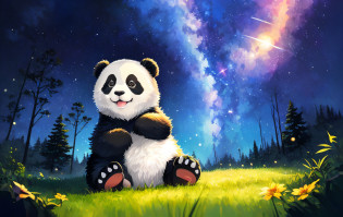 Panda sitting on the grass?The background is more starry sky, a panda in space, Cute panda, lovely digital painting, Cute detailed digital art, Panda, panda panda panda, adorable digital art, highly detailed back ground, digital painting highly detailed, a cute giant panda, background artwork, A beautiful artwork illustration, arte de fundo, digital cartoon painting art, amazing wallpapers