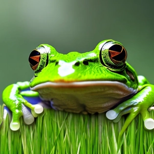 frog, green, a bit of reality, on a green meadow, with big round clear eyes, in sunny weather, 4K, 3D, catches mosquitoes overhead with tongue, in a straw hat, 35mm