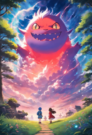 Gengar bonito?Lively and agile?Pelos macios vermelhos?blush vermelho?olhos grandes cintilantes?Orelhas pontudas fofas?Lightning background?surreal?Sobrenatural?Super sky scene illustration?Rendered beautifully down to the smallest detail, Veja as bolhas soprando suavemente no ar?Dream Creation, magical effect. The overall atmosphere is mild, Full of hope and tranquility, Pok�mon?anime epic artwork?Anime Art Wallpaper 4K, Anime Art Wallpaper 4K, Papel de parede anime 4k, Anime Wallpaper 4k, 4k anime wallpapers, arte oficial altamente detalhada?olhos claros brilhantes,melhor qualidade, master part, Super Detalhe?aprimoramento de detalhes