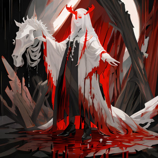 feminine witch wearing full-length horse's skull as a mask, white robes drenched with blood, blood, blood on clothes, blood on face, blood on hands, blood splatter, blood in sky, rain of blood, standing in puddle of blood, kneeling in ocean of blood, horse-skull instead of human head, in anime style