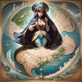 This anthropomorphic map figure is a being full of wisdom and an inquisitive spirit. Her hair is made up of threads of various colors, each representing a different country and region. Her eyes are bright, shining with curiosity and a desire to explore. Her face was filled with confidence and joy, as if she was showing the world the mysteries of geographical knowledge. Her body is made up of land and sea, showing the shape and characteristics of the earth. The land part takes on the texture of mountains, rivers and forests, while the marine part shimmers with blue and green light, like the undulating sea. The body takes on a plump and curvy shape, outlining the diversity and magnificence of the earth. She wears a gorgeous robe made up of the map's various colors and patterns, from yellow deserts to green forests to blue lakes and oceans. The robe is painted with precise boundary lines and geographic information, showing the diversity and connectivity of the earth. The anthropomorphic map figure raises a hand, as if guiding and interpreting the mysteries of geography. In the palm of her hand, she can see the miniature map, and gently touch different countries and regions with her fingertips, highlighting her deep understanding and familiarity with the map information. Her presence encourages people to explore the world and expand their horizons, and she represents the transmission of geographical knowledge and culture. The anthropomorphic image of the map stimulates people's desire to explore all parts of the planet and prompts us to care more about and respect the diversity and sustainable development of the planet. This image allows us to see the wisdom and brilliance of maps, and also makes us realize the importance of geographical knowledge and connectivity. She is the embodiment of the map, showing us the vastness and wonder of the world, while also guiding us to discover and protect the treasures of the planet. She is the guardian of the map and our shared resp