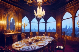 (Complex Painting:1. 2) of (Detailed illustration:1. 3) Masterpiece, best quality, (style of Yoji Shinkawa:1. 4), Darkcore aesthetic, absurdres, extremely detailed, masterful drawing of a divine insipired castle, castle, inside, interior, large ceiling, chandelier, candlelight, wax, stone, statue in a distance, (statue:1. 2), red gemstone, blue gemstone, studio lighting, (no humans:1. 1), table, chairs, portrait (object), (moonlight:0. 7), dusk, (by Artist Greg Rutkowski:1. 15), (Victorian Gothic Art:1. 1), (Baroque Art:1. 15)