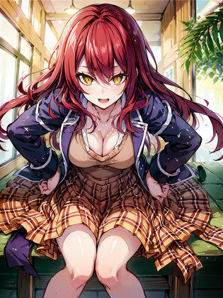 <lora:RindouKobayashi:0.8>, shokugeki no souma, Rindou Kobayashi ,high resolution, red hair,long hair, solo, 1woman, detailed background, detailed eyes, ((yellow eyes)),outside, blue sky, hiking, outside, woods,