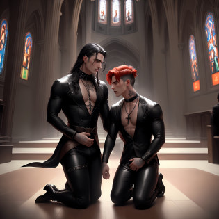 Bold and seductive RAW portrait of a couple of handsome gay men patricanando sadomasochism inside a Gothic church. Both have satanic tattoos and piercings. One is black, is wearing only a red panties and is kneeling in front of the other, who is standing, looking at the man who is kneeling and whipping him with a leather whip. The man standing is white and muscular. The man standing wears only black leather pants and black leather corturno. The floor of the church is checkered, black and bench. The walls are white with religious pictures hanging, as well as crucifixes and satanic symbols. Around the two men who are in the center of the image there are other men and women, all watching intently the sadomasochistic performance performed by the men who are in the center, all equally dressed in costumes typical of the adherents of sadomasochism, all with carefully chosen visual and aesthetic details. The men in the center of the image are inside a red circle drawn on the floor of the church. There is a woman watching the performance of the two men in the center of the image smoking a cigarette. The woman has long, red hair. The image has excellent lighting, so you can see and identify everything that happens in the image. The image quality is similar to those recorded by the best cameras of the best professional machines today. The colors of the image are intense.