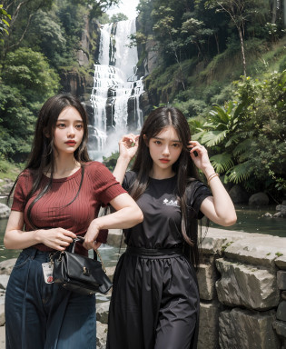 two women standing next to each other near a waterfall, waterfalls in the background, with waterfalls, with a waterfalls, waterfall in the background, next to a waterfall, waterfall in background, with trees and waterfalls, waterfall!!!!!, coban, standing near a waterfall, with waterfalls and river, waterfall, ? mungojerrie and rumpleteazer, by Cherryl Fountain