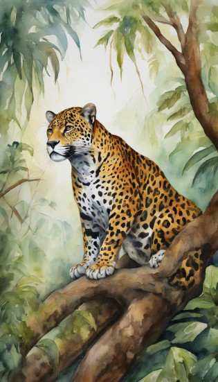 Jaguar on top of a tree, picure, watercolor paiting, Amorphous design, surrealist,jaguar; watercolor paiting; felid,Jaguar in the jungle of the American Amazon,