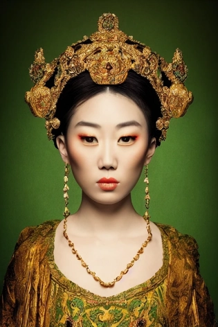 a beautiful empress portrait, with a brilliant, impossible striking headpiece, symmetrical, dramatic studio lighting, rococo, baroque, greens, Asian, hyperrealism, closeup, D