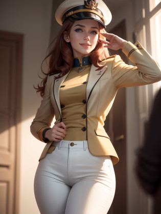 (1girl:1.4), (sfw), (clothed), (masterpiece), illustration,(realistic:1.5), (specular lighting:1.4), (hyperrealistic:1.2), (photorealistic face:1.2), (perfect face), (best quality), (8k), (4k), photorealistic, sharp focus, octane render, best quality, extremely detailed, intricate, hyper detailed, fantasy, soft lighting,(small breasts:1.4), (skindentation:1.3), Matilda Ajan from Gundam, Matilda Agen, Matilda Ajan, looking straight at viewer, tan full uniform, tan color uniform, tight off-white pants, slim body, perfect body, standing straight up, military attention, military salute, one hand down, tan officer uniform, tan military jacket, tan buttoned up jacket, perfect hands, military officer hat, tan color hat, warm smile, kind smile, gundam in the background, auburn hair, one hand down, cropped hair, thigh gap