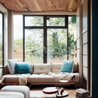 high resolution photography interior design, dreamy sunken living room conversation pit, wooden floor, small windows opening onto the garden, bauhaus furniture and decoration, high ceiling, beige blue salmon pastel palette, interior design magazine, cozy atmosphere