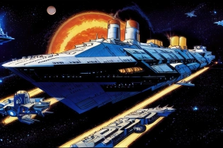 <lora:Valerian&Laureline-comic-style:0. 8>| (single ship)| titanic in space| star wars| battle star galactica| star blazers| star trek| spaceship| wall-e| titanic| ocean liner | intricate and highly detailed| cinematic lighting| wide-angle| massive scale